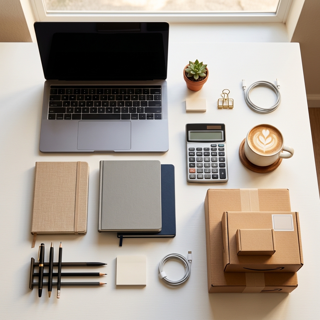 Business desk with laptop, notebooks, and office supplies