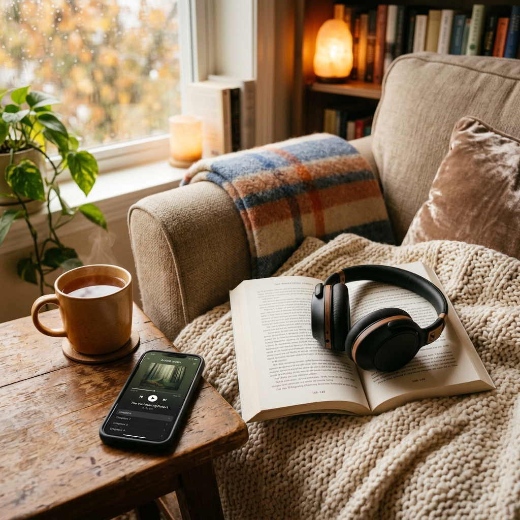 Cozy reading nook with headphones, open book, and tea
