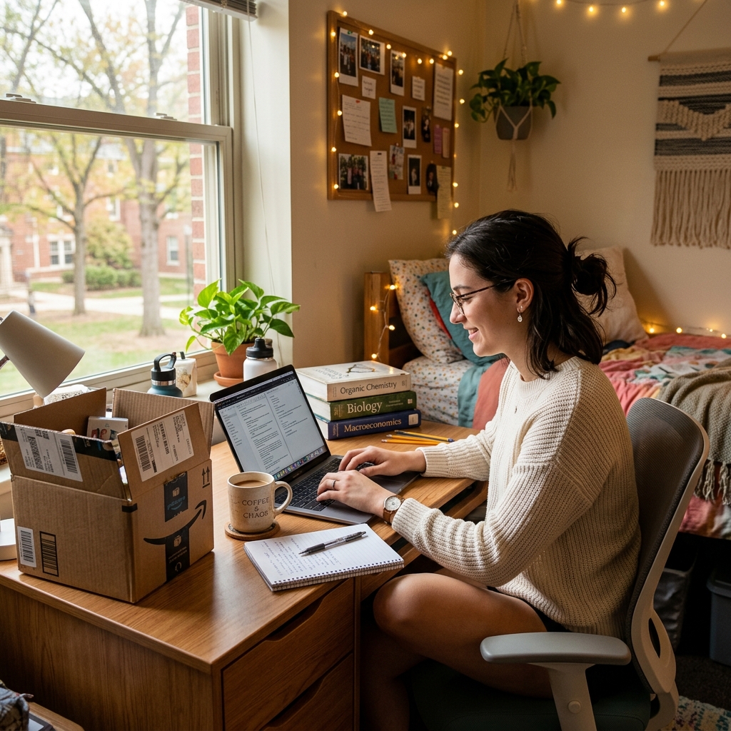 Young adult college student studying with laptop in a cozy dorm room with Amazon delivery box