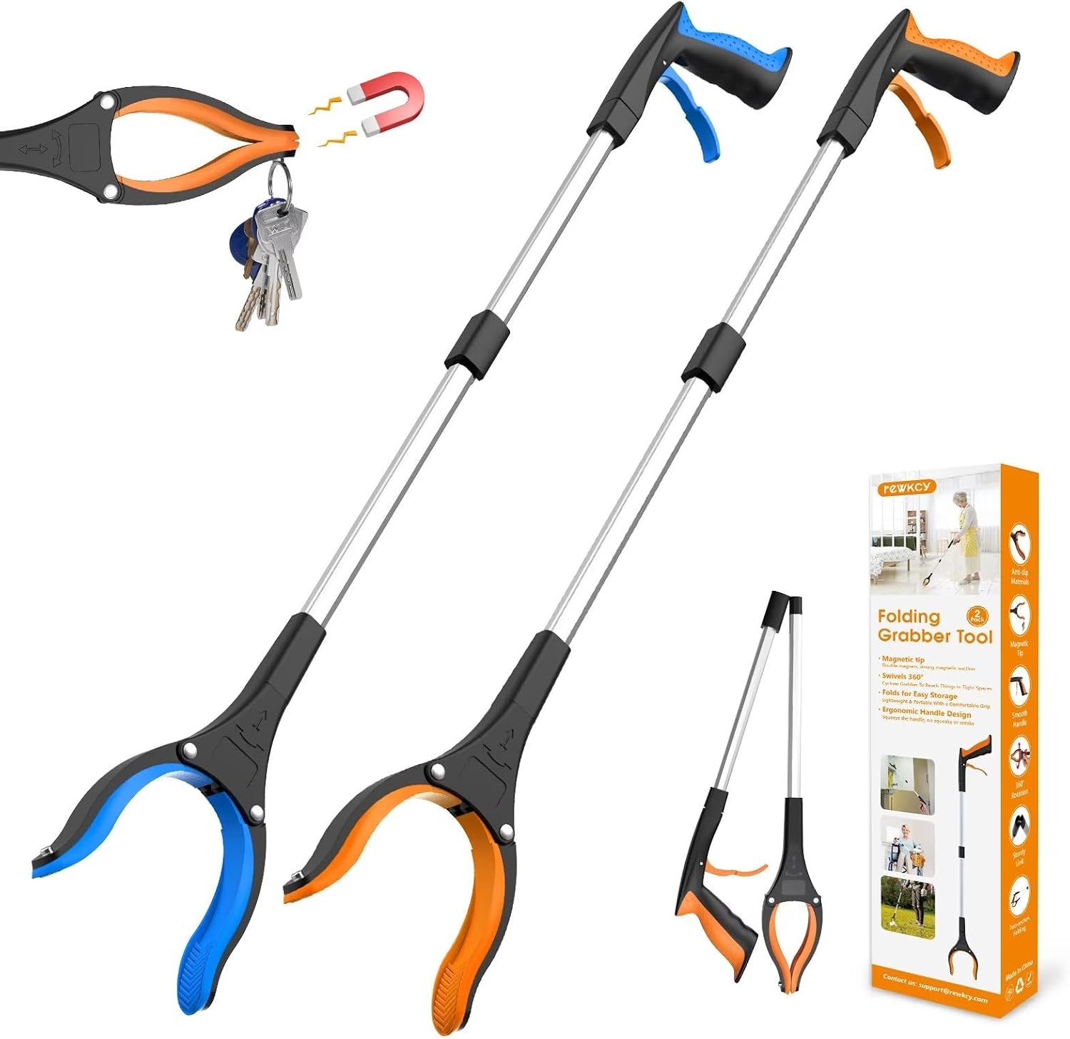 32 inch grabber reacher tool 2 pack foldable with 360 rotating jaw and magnets