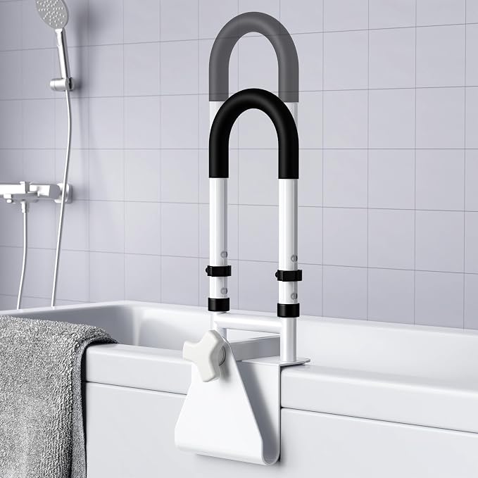 Adjustable bathtub safety rail with non-slip grip for senior bathroom safety