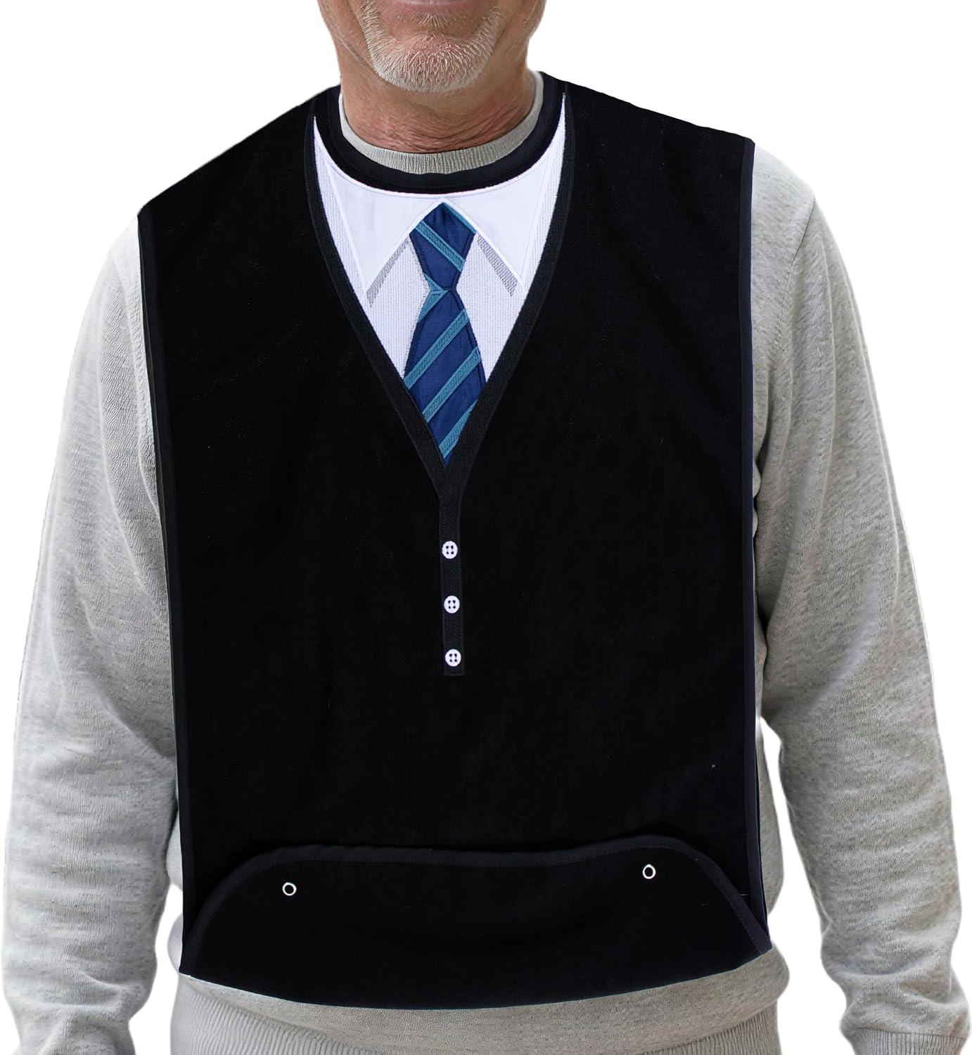 Reusable waterproof adult bib for men with crumb catcher for dignified dining protection