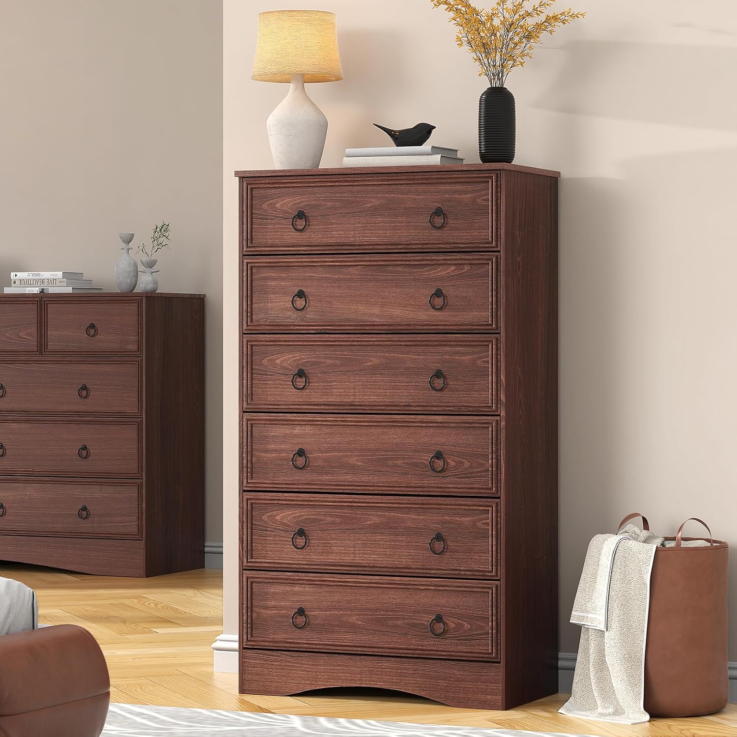 Cherry wood dresser 52 inches tall with 6 chest drawers for bedroom storage and accessibility