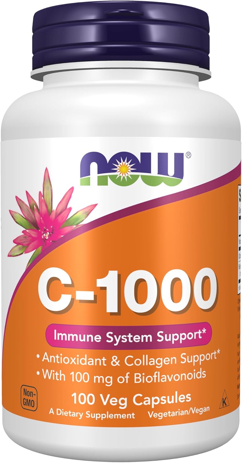 NOW vitamin C 1000 with bioflavonoids 100 veg capsules for immune and collagen