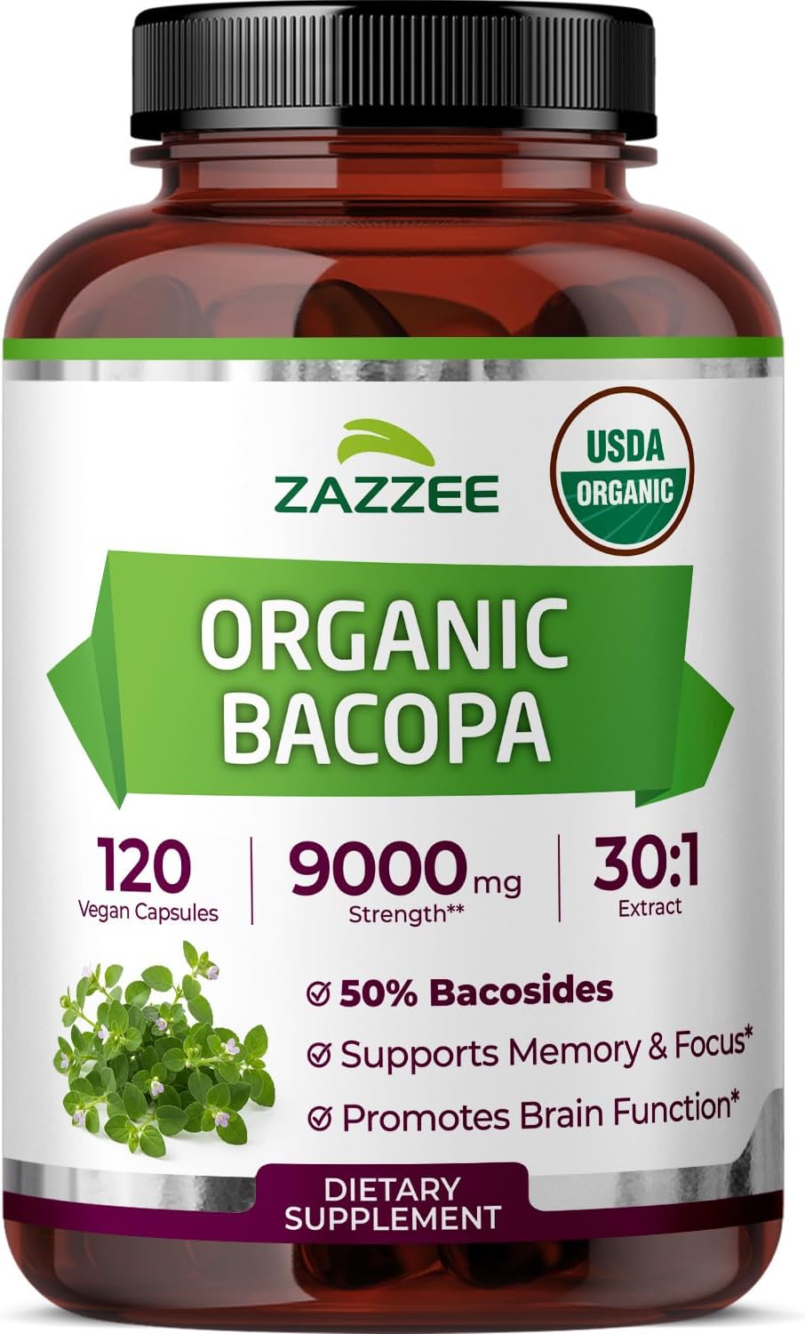 Zazzee USDA organic bacopa 30:1 extract 50% bacosides 120 vegan capsules